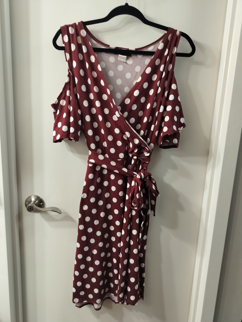 Star Vixen Burgundy and White Polka Dot Wrap Midi Dress